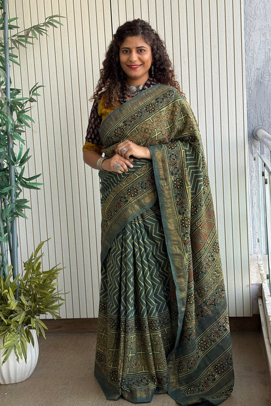 Ajrakh Mulberry Natural Dye Hand Block Print Saree - Green