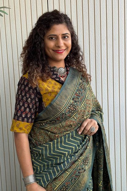 Ajrakh Mulberry Natural Dye Hand Block Print Saree - Green