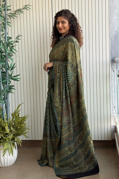Ajrakh Mulberry Natural Dye Hand Block Print Saree - Green