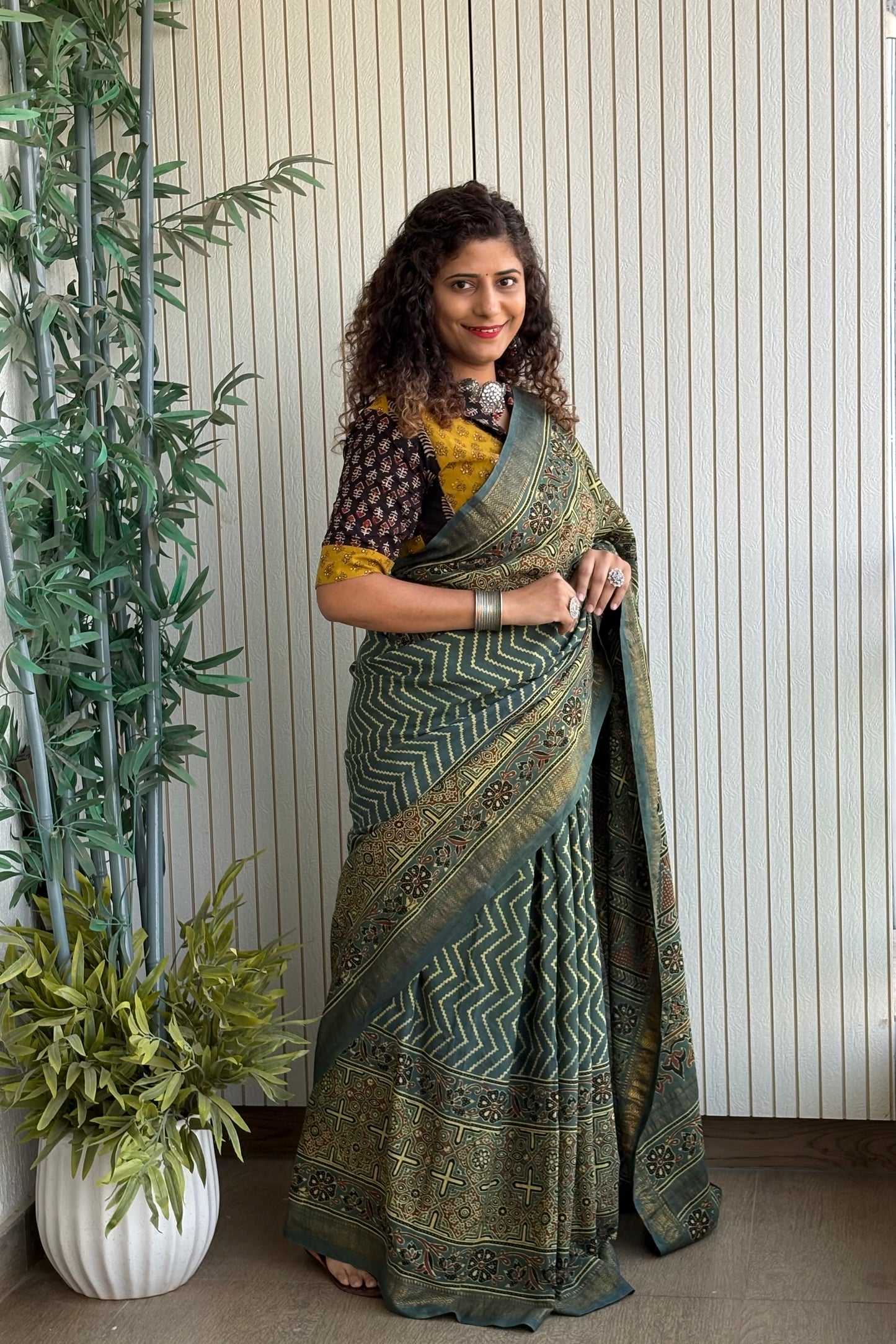 Ajrakh Mulberry Natural Dye Hand Block Print Saree - Green