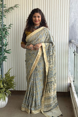Ajrakh Mulberry Natural Dye Hand Block Print Saree - Beige