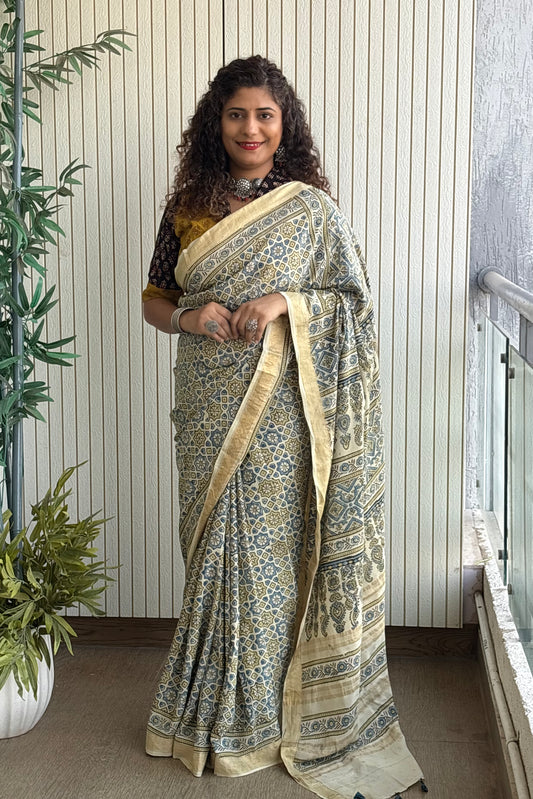 Ajrakh Mulberry Natural Dye Hand Block Print Saree - Beige