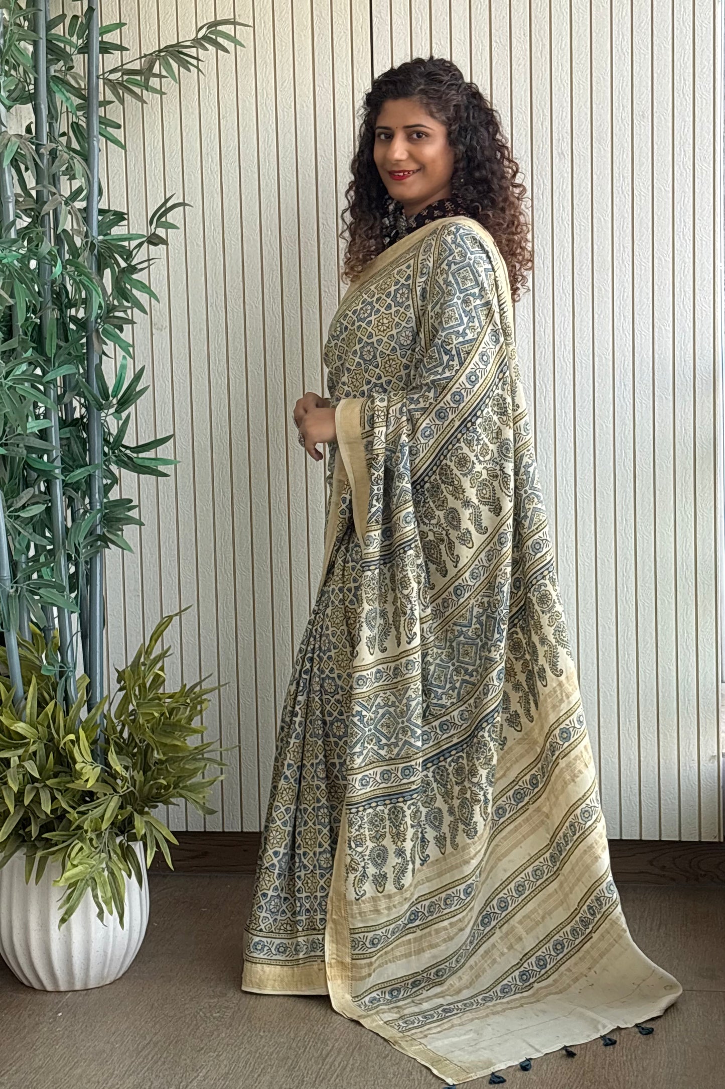 Ajrakh Mulberry Natural Dye Hand Block Print Saree - Beige