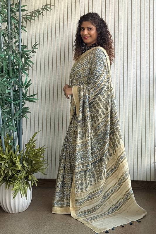 Ajrakh Mulberry Natural Dye Hand Block Print Saree - Beige