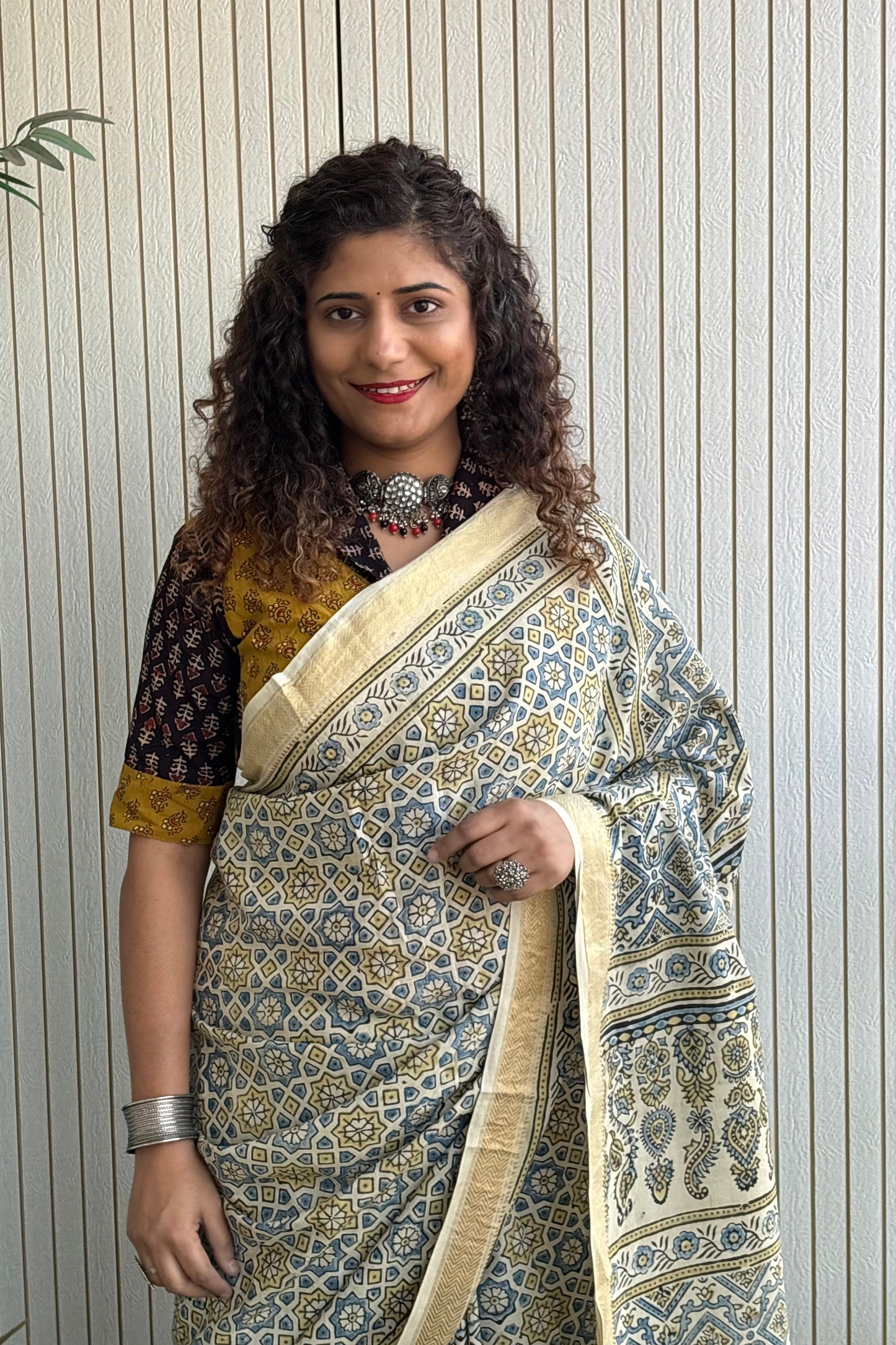 Ajrakh Mulberry Natural Dye Hand Block Print Saree - Beige