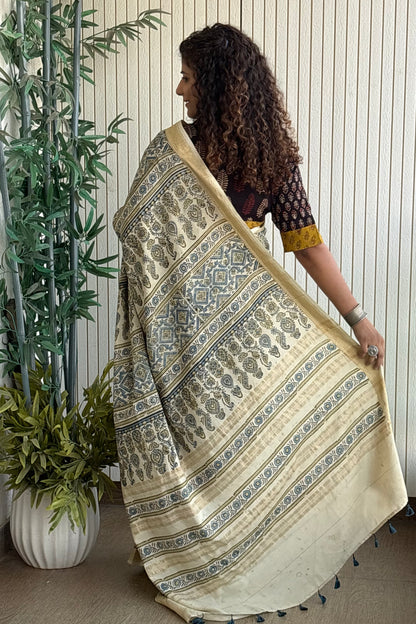 Ajrakh Mulberry Natural Dye Hand Block Print Saree - Beige