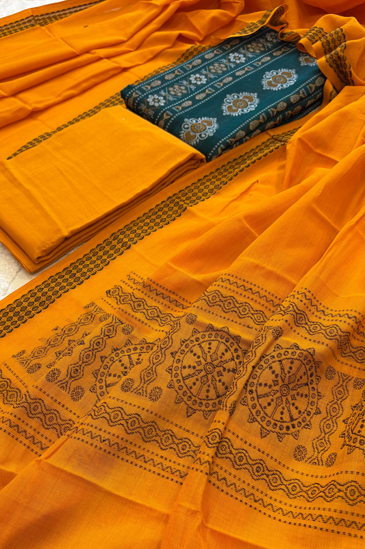 Pure Cotton Bomkei 3 Piece Dress Material- Rama Green