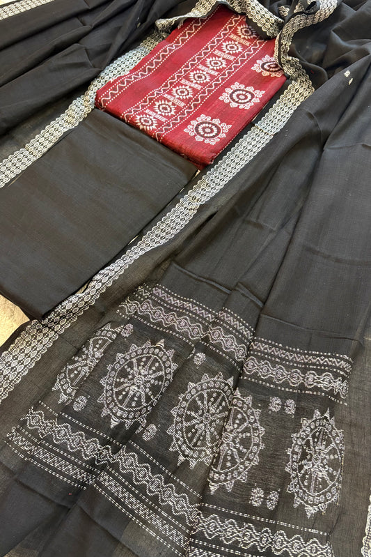 Pure Cotton Bomkei 3 Piece Dress Material- Maroon