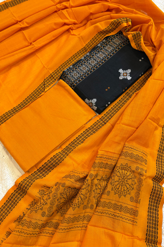 Pure Cotton Bomkei 3 Piece Dress Material-Black