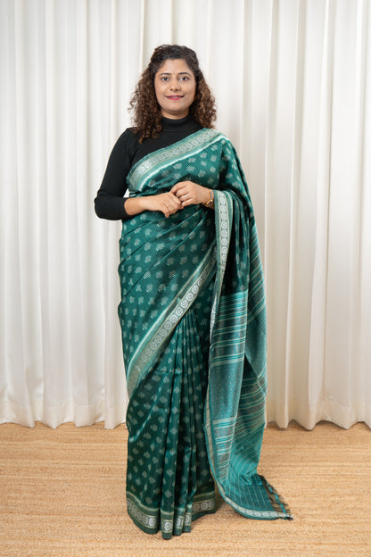 Exclusive Odisha Ikkat Jalla Work Pure Silk Saree - Rama Green