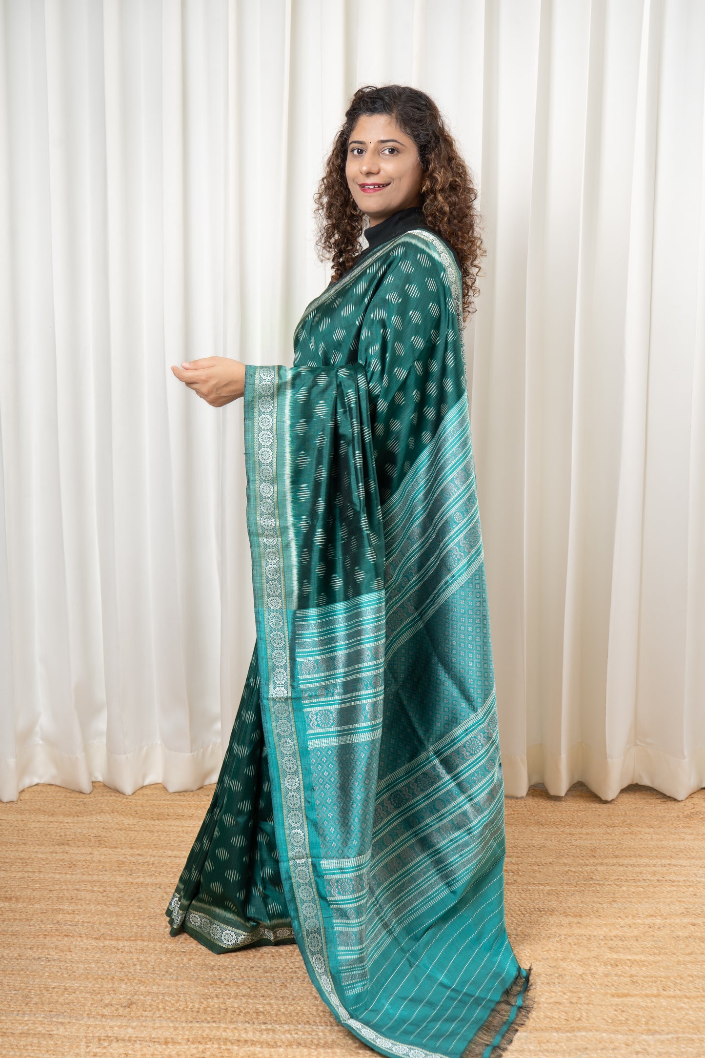 Exclusive Odisha Ikkat Jalla Work Pure Silk Saree - Rama Green