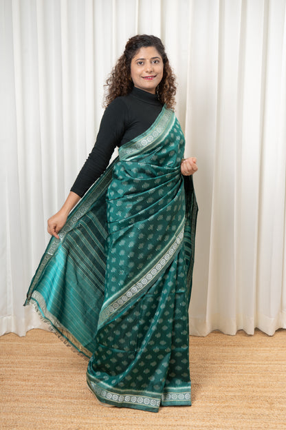 Exclusive Odisha Ikkat Jalla Work Pure Silk Saree - Rama Green