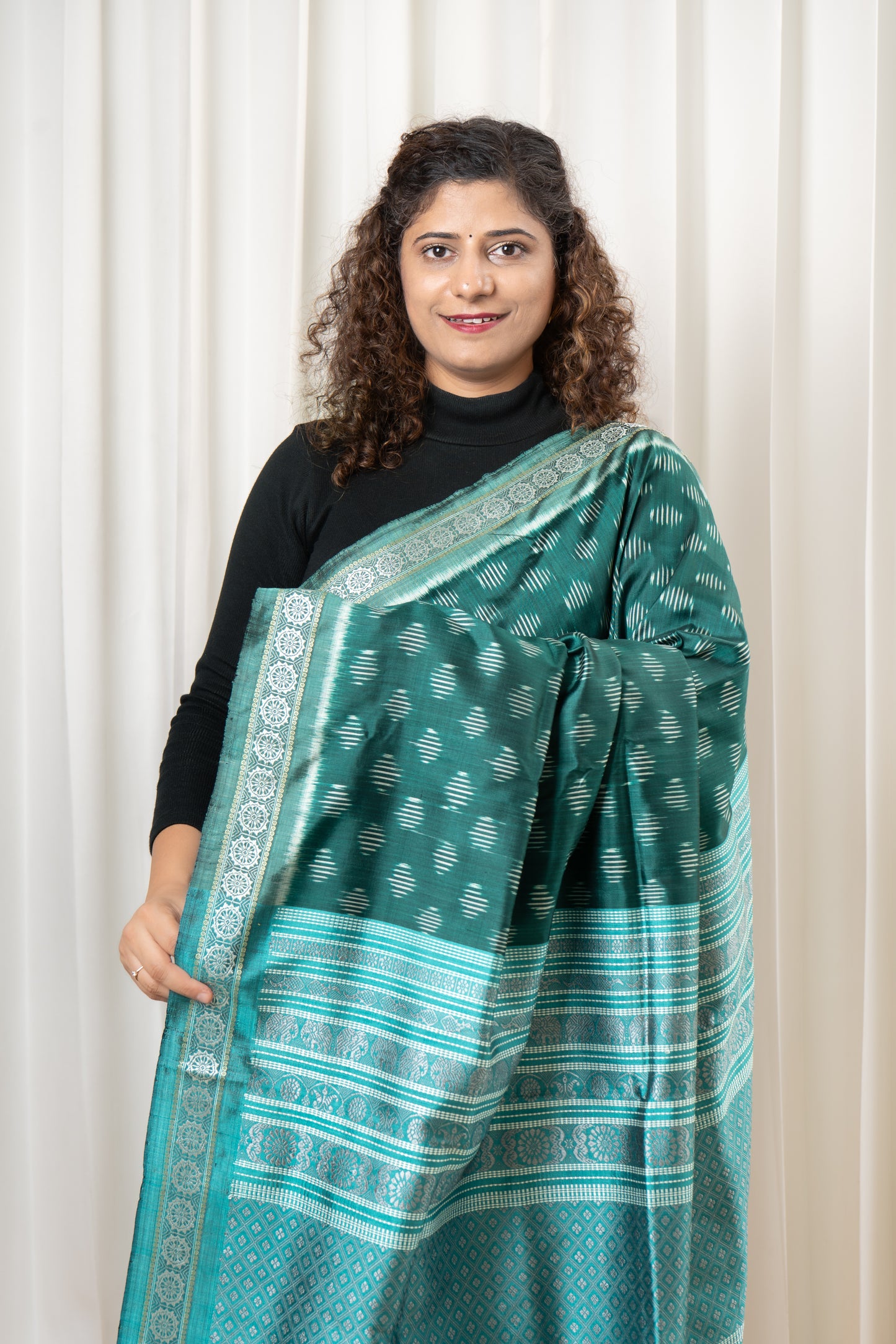 Exclusive Odisha Ikkat Jalla Work Pure Silk Saree - Rama Green