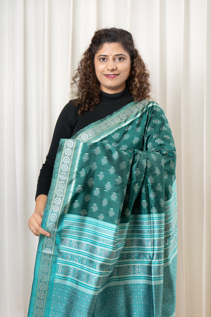 Exclusive Odisha Ikkat Jalla Work Pure Silk Saree - Rama Green