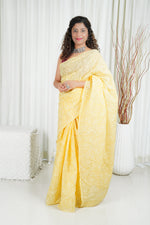 Load image into Gallery viewer, Kota Cotton Saree With Tepchi Chikankari Work- Yellow
