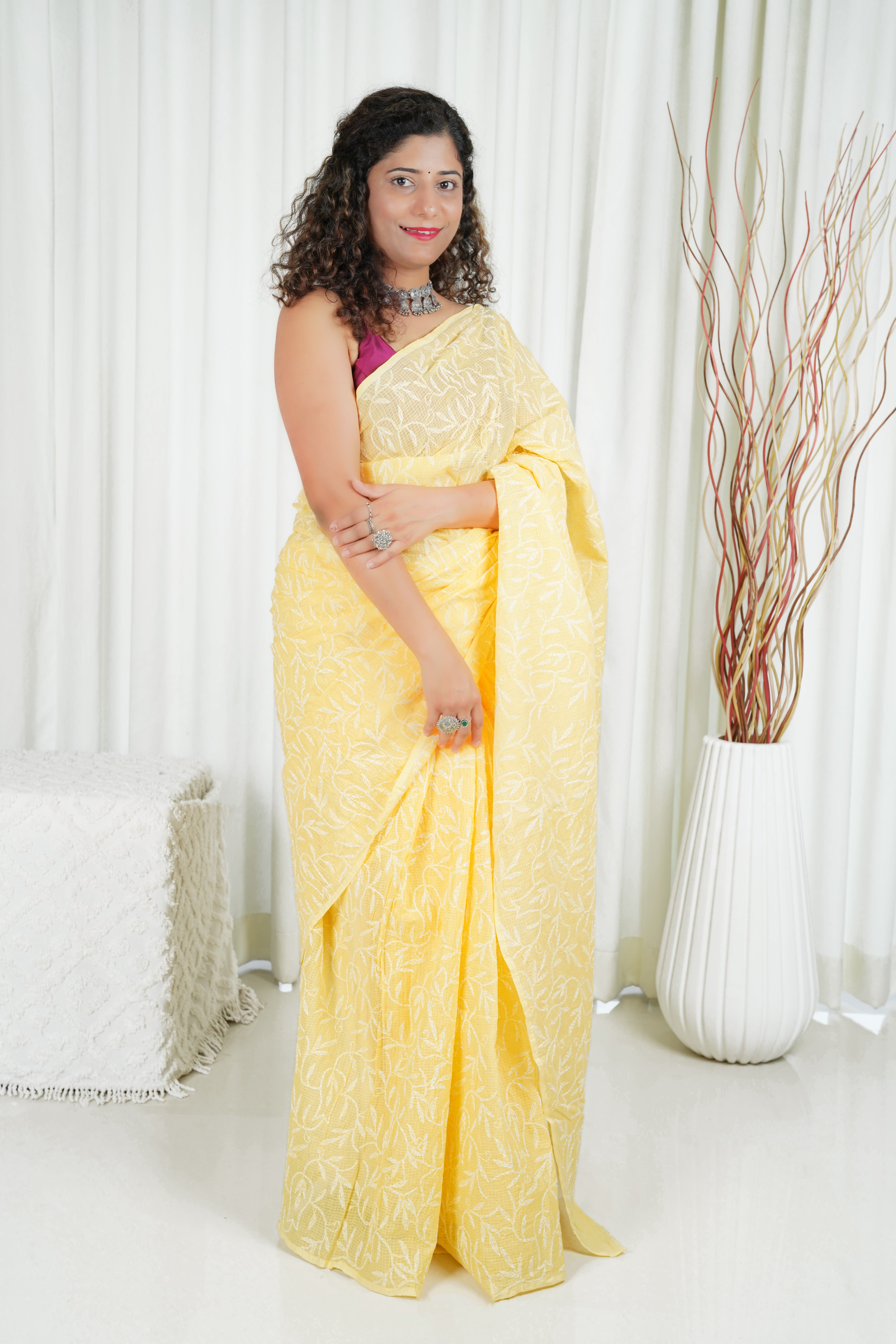 Kota Cotton Saree With Tepchi Chikankari Work- Yellow