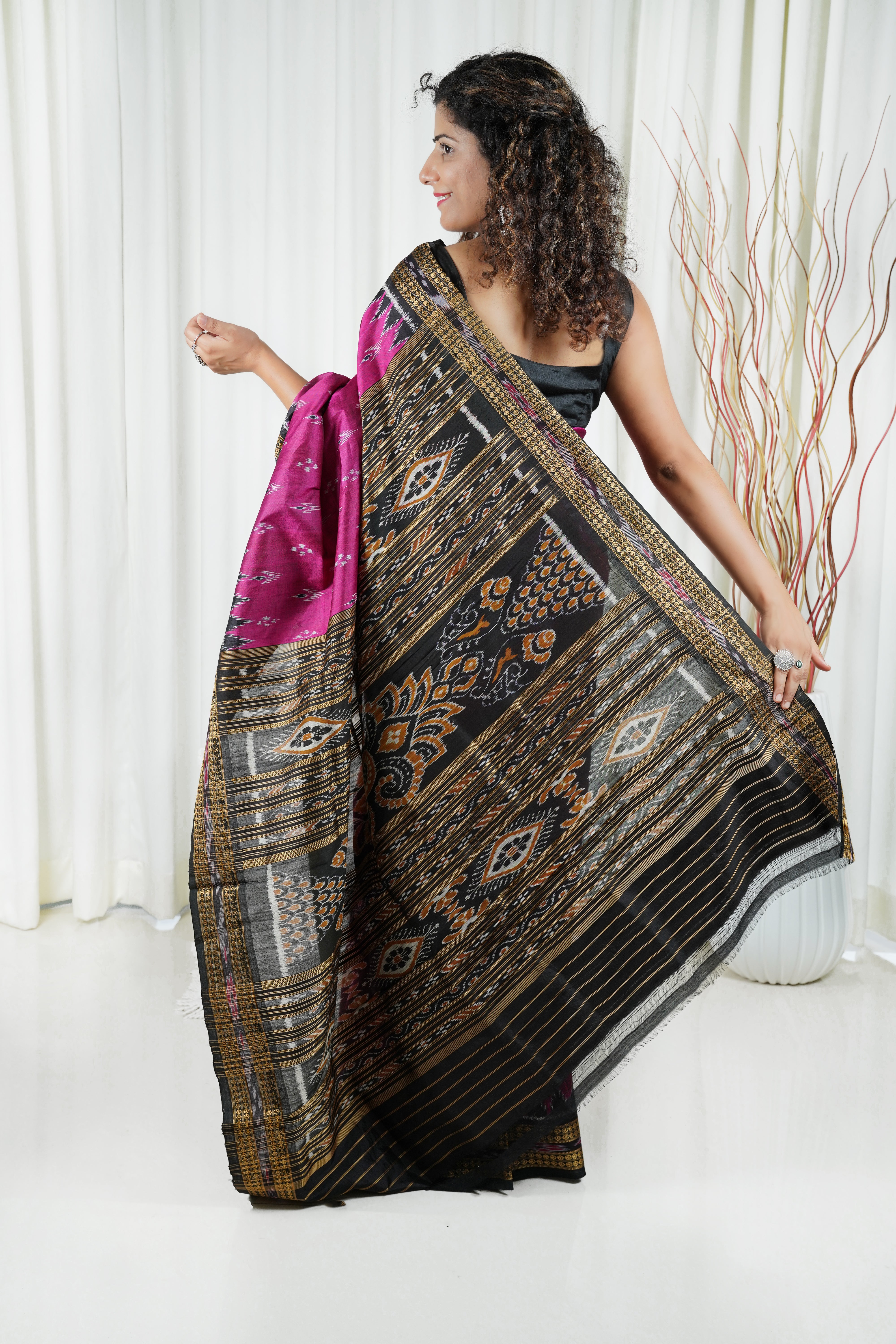 Odisha Ikkat Khandua Silk Saree - Mayura Chandrika- Magenta Wine