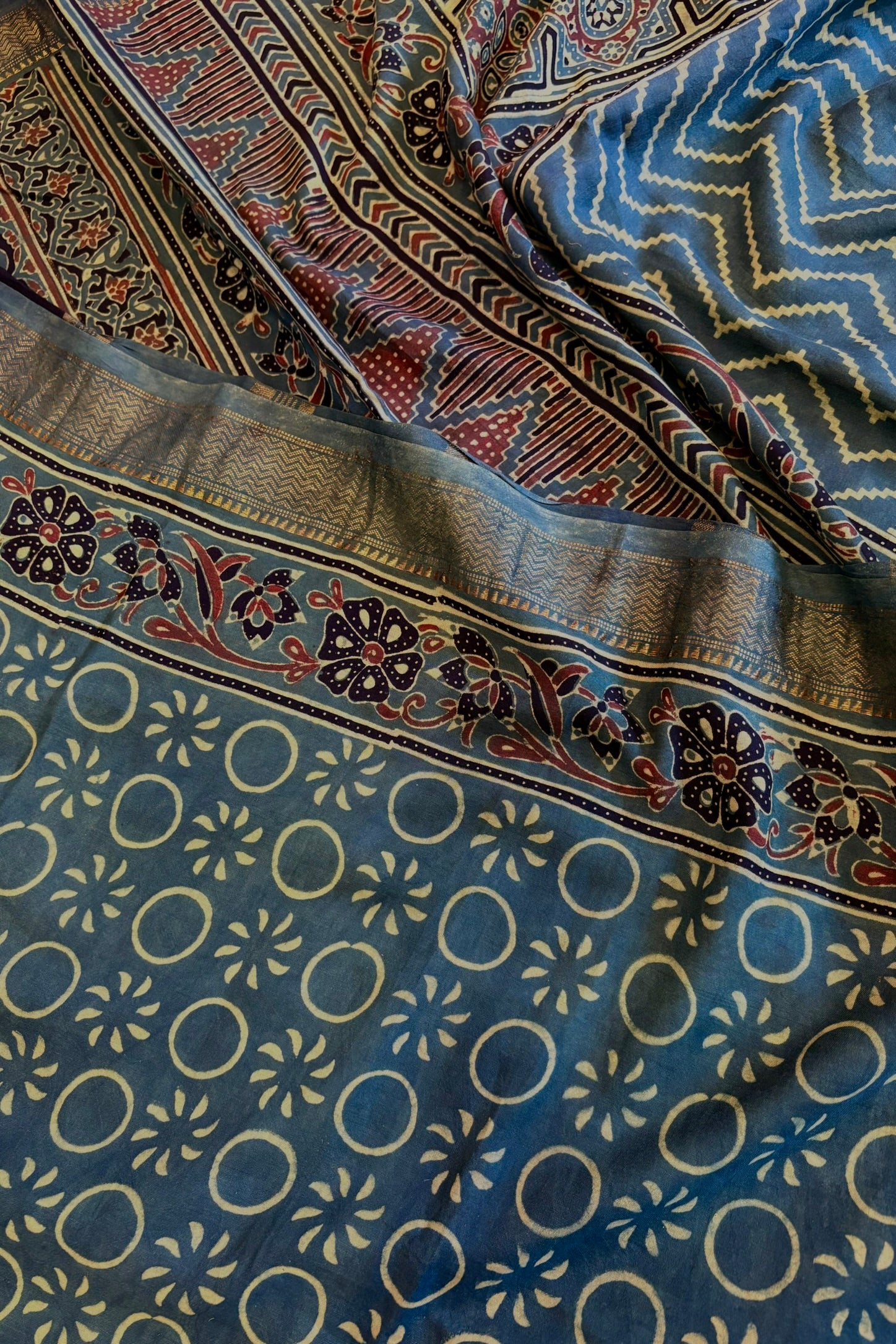 Mulberry+Ajrakh+Saree+Naturaldye+Hannd+block+Print+greencolor