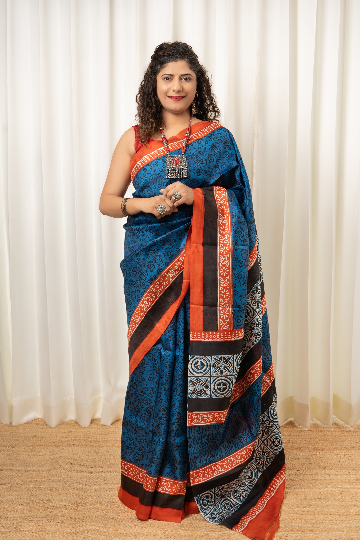 Murshidabad Pure Silk Saree Hand block Print - Teal