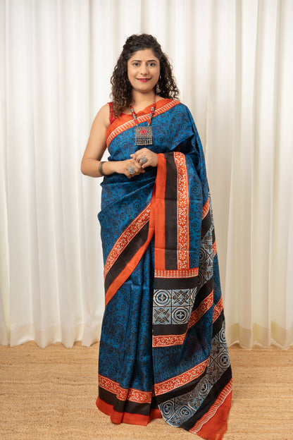Murshidabad Pure Silk Saree Hand block Print - Teal