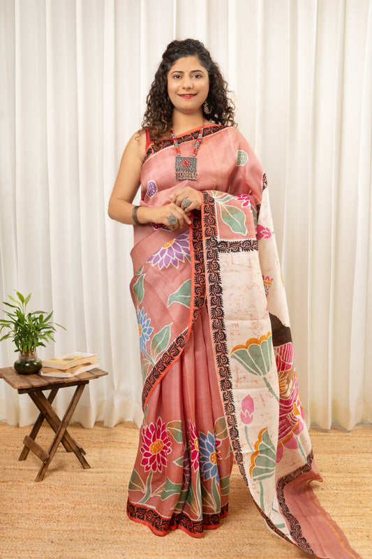 Murshidabad Pure Silk Hand Batik and Hand Painted Saree