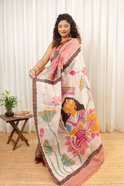 Murshidabad Pure Silk Hand Batik and Hand Painted Saree