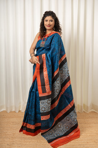 Murshidabad Pure Silk Saree Hand block Print - Teal