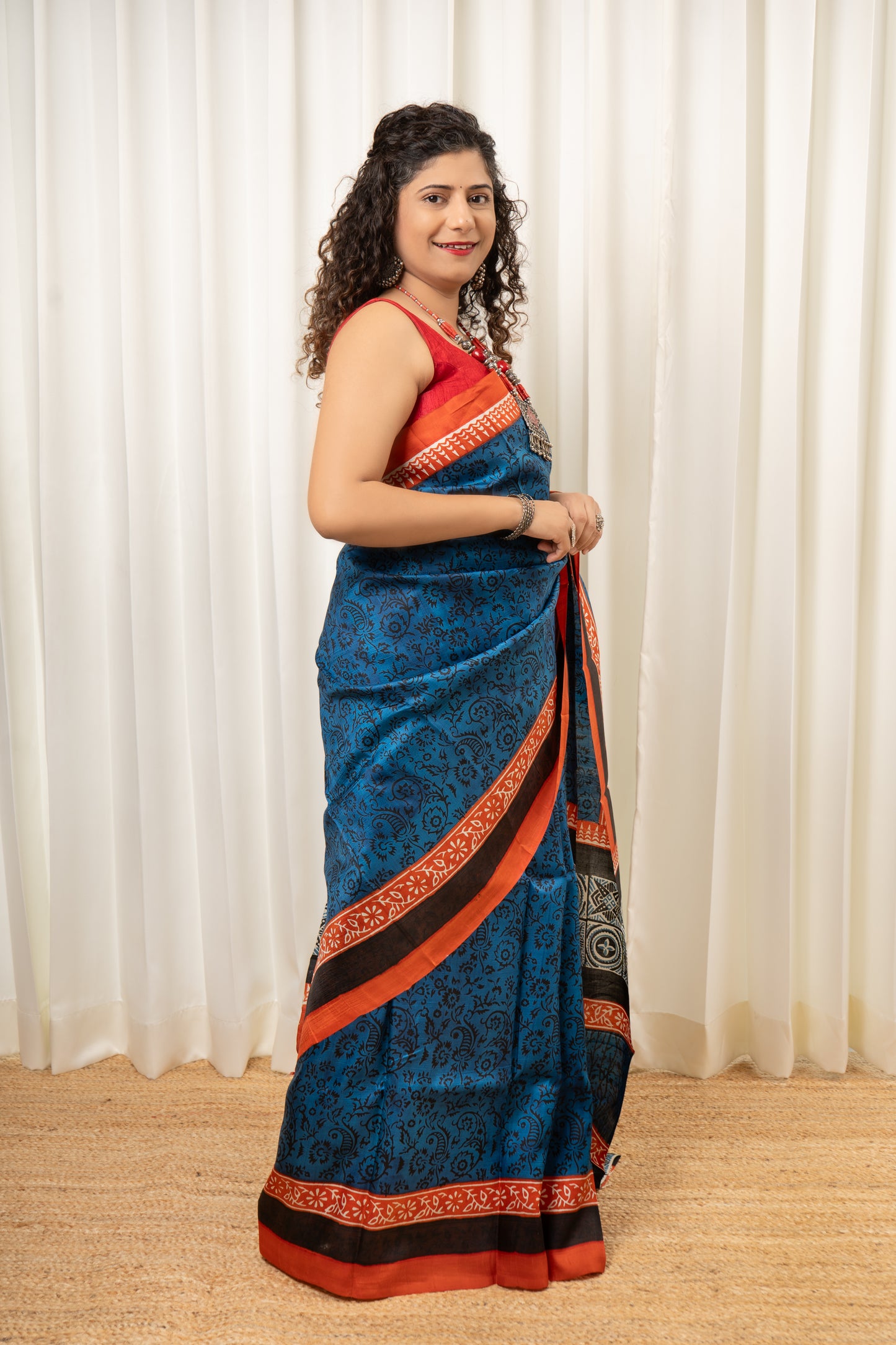 Murshidabad Pure Silk Saree Hand block Print - Teal