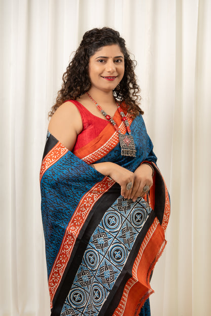 Murshidabad Pure Silk Saree Hand block Print - Teal