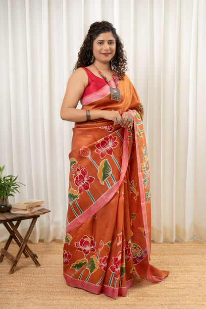 Murshidabad Pure Silk Saree With Hand Batik and Hand Paint