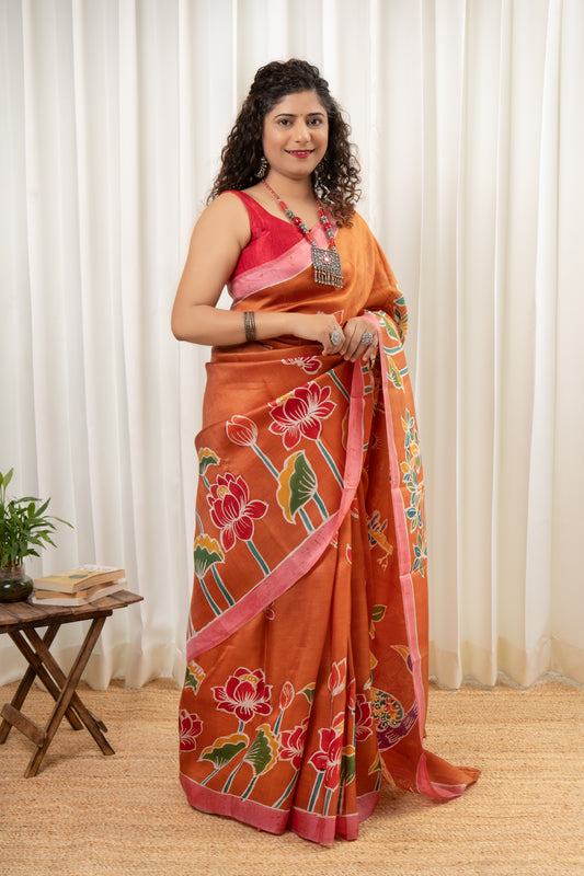 Murshidabad Pure Silk Saree With Hand Batik and Hand Paint