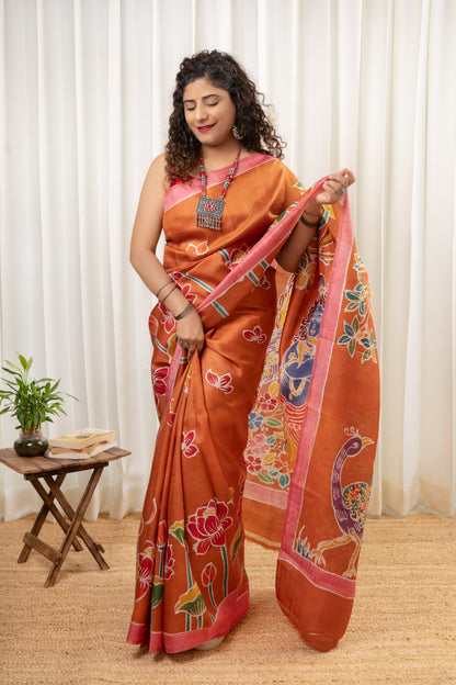 Murshidabad Pure Silk Saree With Hand Batik and Hand Paint
