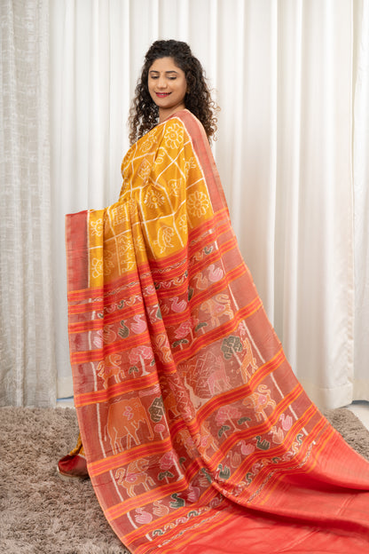 Exclusive Odisha Ikkat Nabakothi Pure Silk Saree- Pastel Yellow