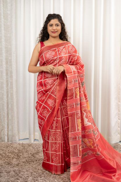 Exclusive Odisha Ikkat Nabakothi Pure Silk Saree- Red