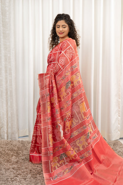 Exclusive Odisha Ikkat Nabakothi Pure Silk Saree- Red