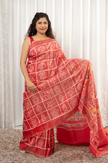 Exclusive Odisha Ikkat Nabakothi Pure Silk Saree- Red