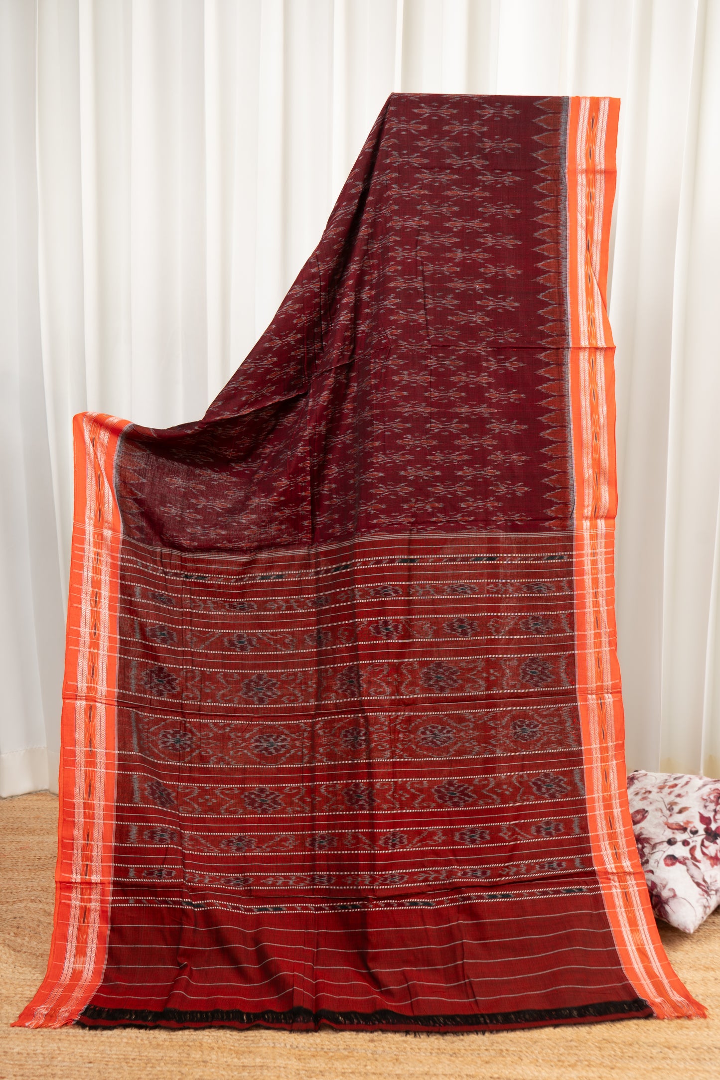 Odisha Ikkat Khandua Cotton Saree -Maroon-Orange