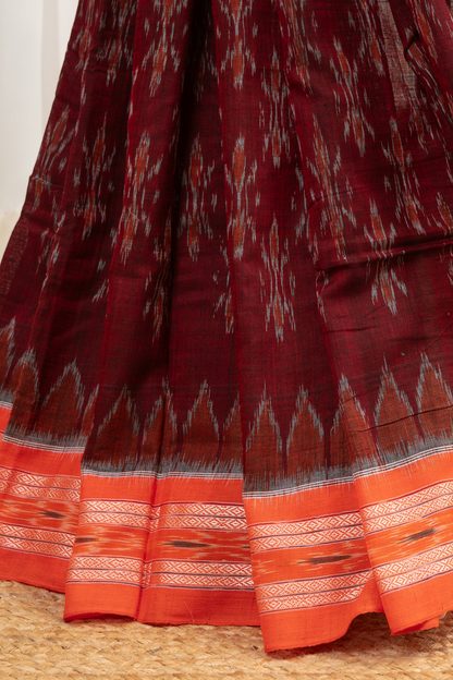 Odisha Ikkat Khandua Cotton Saree -Maroon-Orange