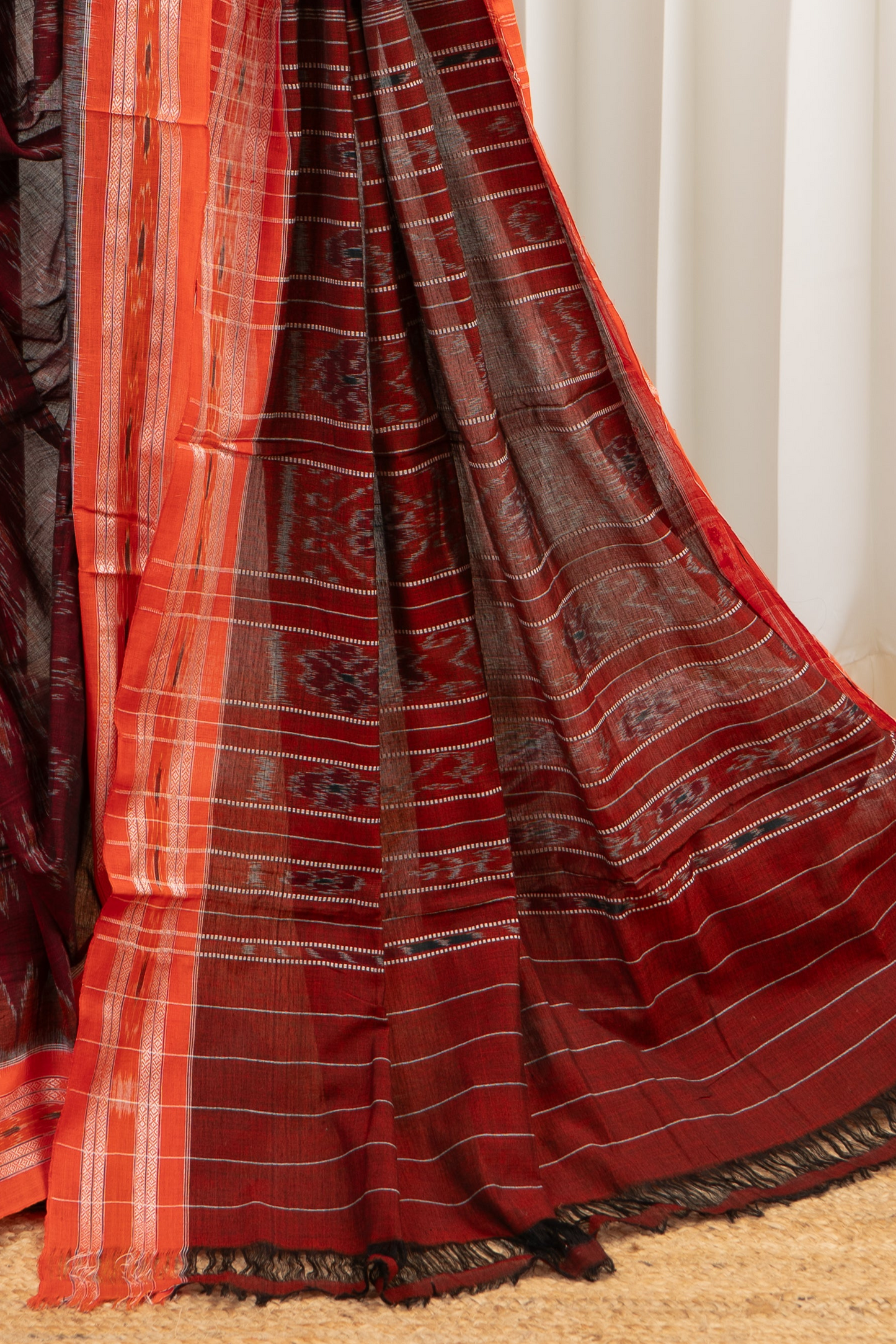 Odisha Ikkat Khandua Cotton Saree -Maroon-Orange