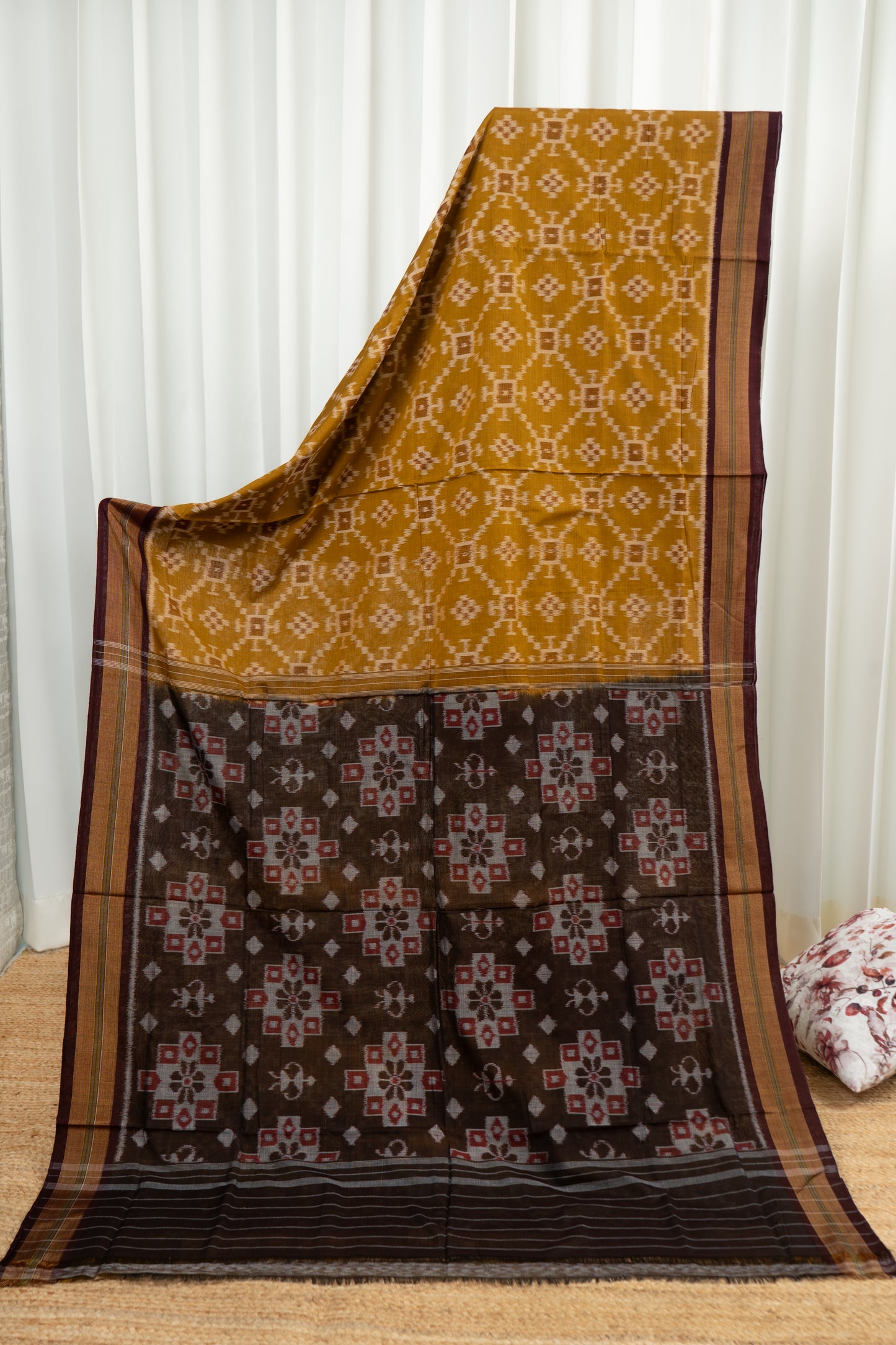 Exclusive Odisha Ikkat Khandua Cotton Saree - Olive Yellow