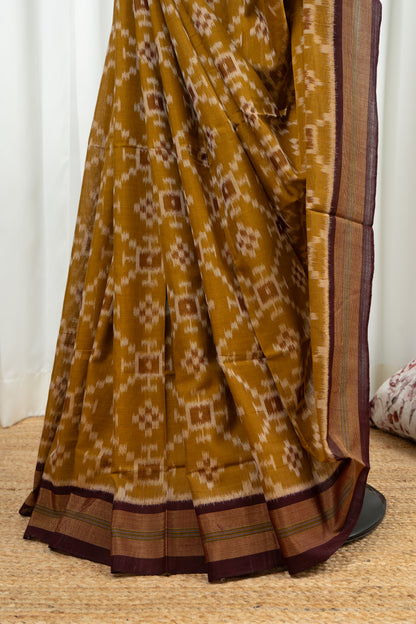 Exclusive Odisha Ikkat Khandua Cotton Saree - Olive Yellow
