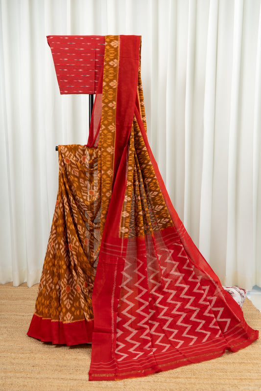 Pochampally Ikkat Cotton Saree - Brown