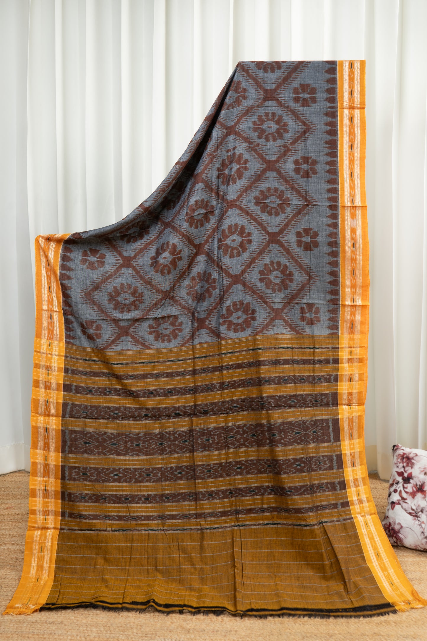 Odisha Ikkat Khandua Cotton Saree - Grey-Yellow