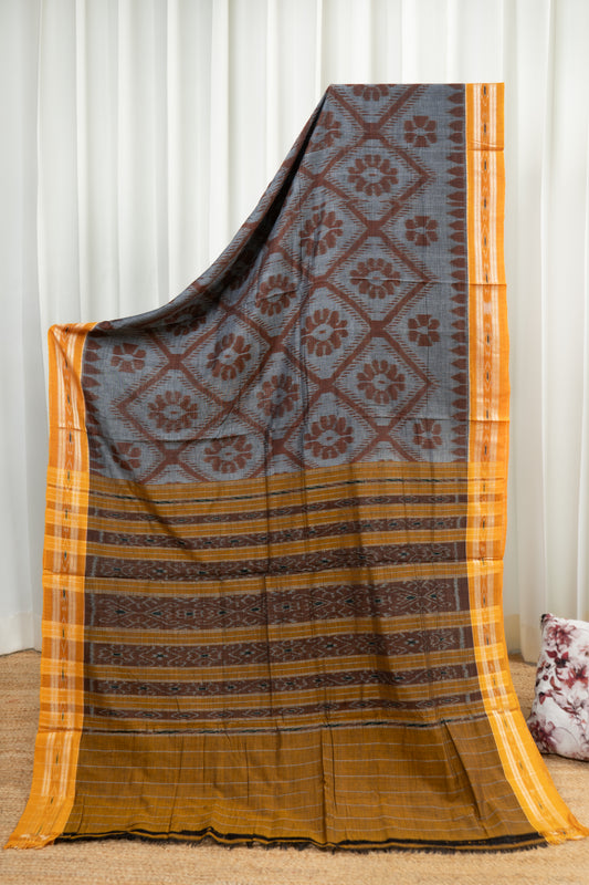 Odisha Ikkat Khandua Cotton Saree - Grey-Yellow