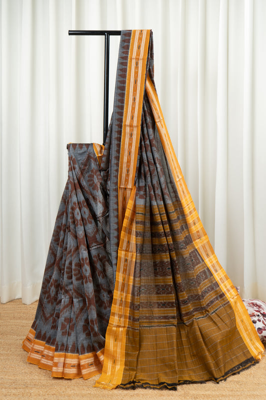 Odisha Ikkat Khandua Cotton Saree - Grey-Yellow