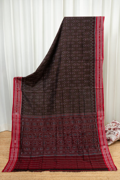 Odisha Ikkat Khandua Cotton Saree - Brown Red