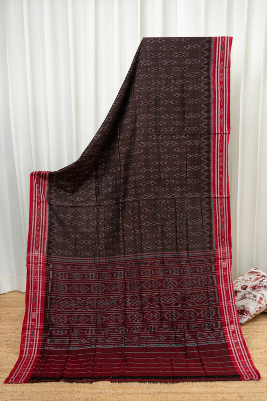 Odisha Ikkat Khandua Cotton Saree - Brown Red