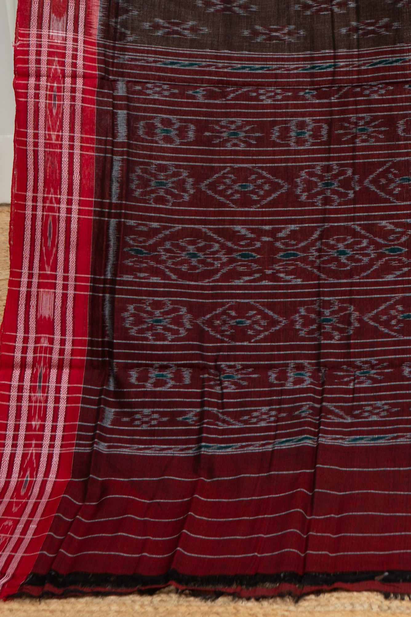 Odisha Ikkat Khandua Cotton Saree - Brown Red