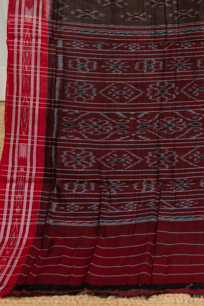 Odisha Ikkat Khandua Cotton Saree - Brown Red