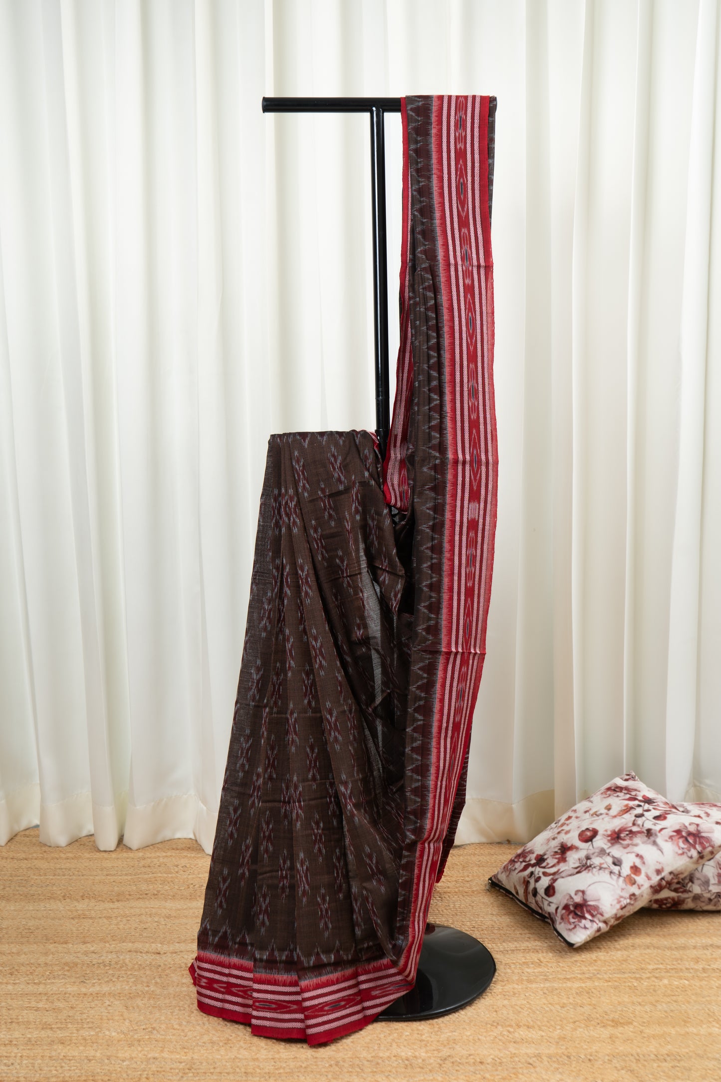 Odisha Ikkat Khandua Cotton Saree - Brown Red